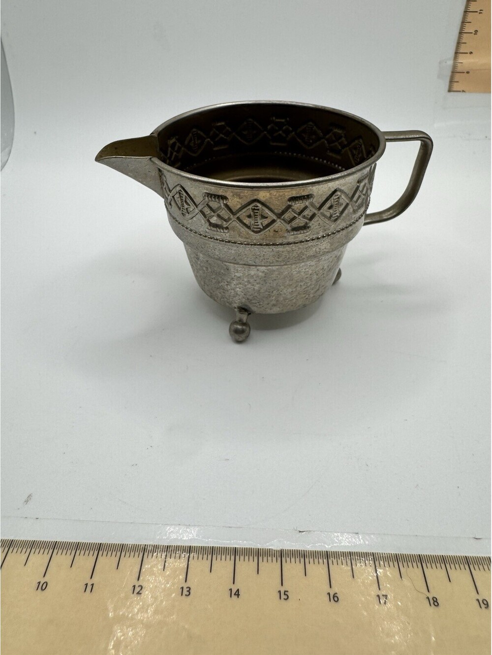 Vintage Silver Tone Footed Creamer Pitcher Embossed Geometric Design Ball Feet